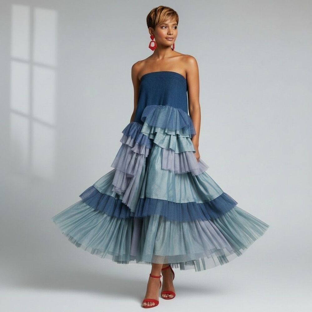 TOV Los Angeles Fairy Statement Maxi Skirt Dress Womens L  Blue Layered Tulle